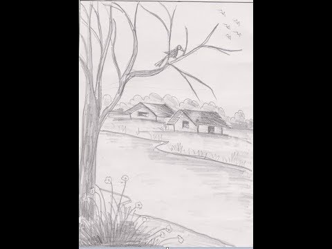 how-to-draw-a-crow-on-a-tree-branch-!!-sketch-drawing-!!-village-senery-with-pencil-!!-tutorial