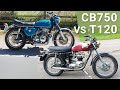 Honda CB750 K0 vs Triumph Bonneville T120 R - 1970s Classic Bike Exhaust Sounds & Comparison Review