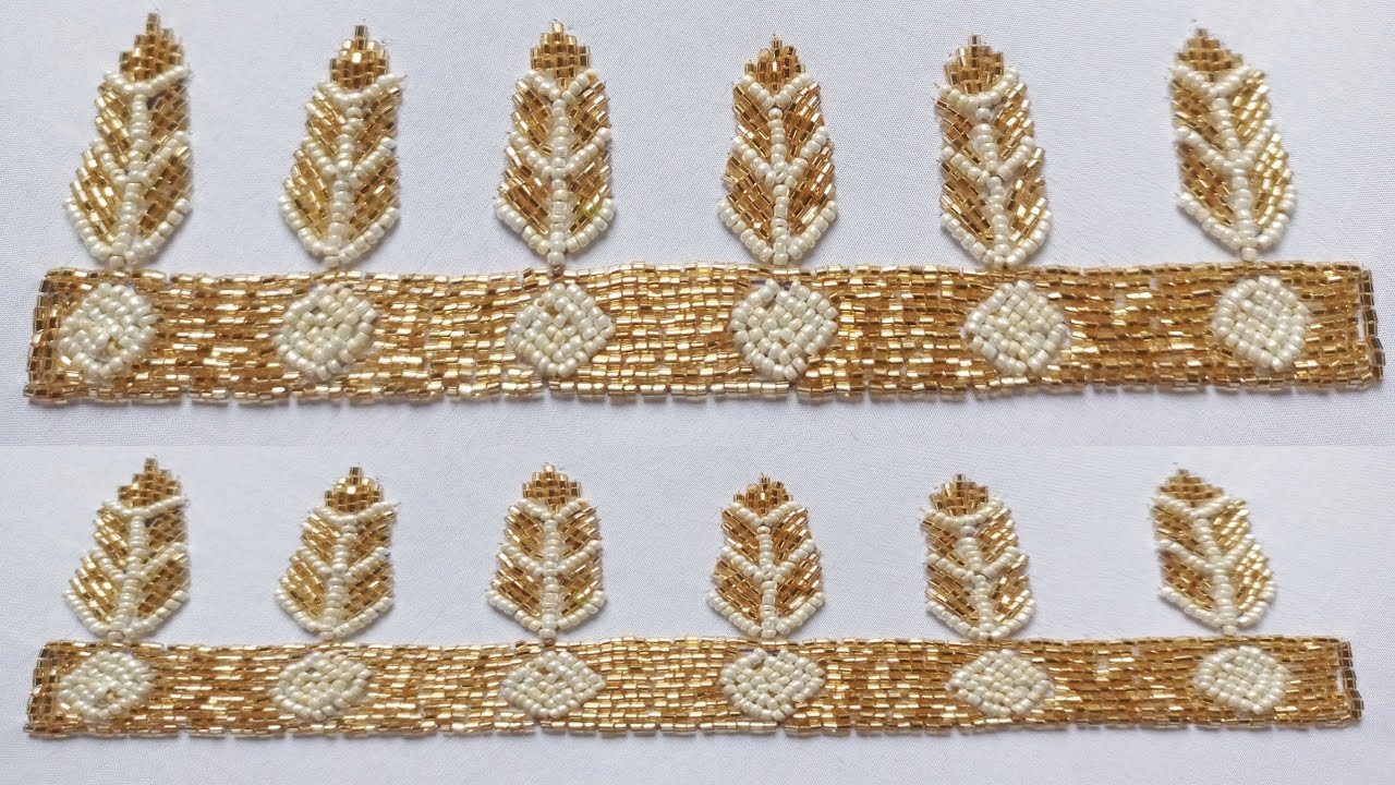 Aari work needle se border design banane ka tarika white Moti Golden kardana se design banaen