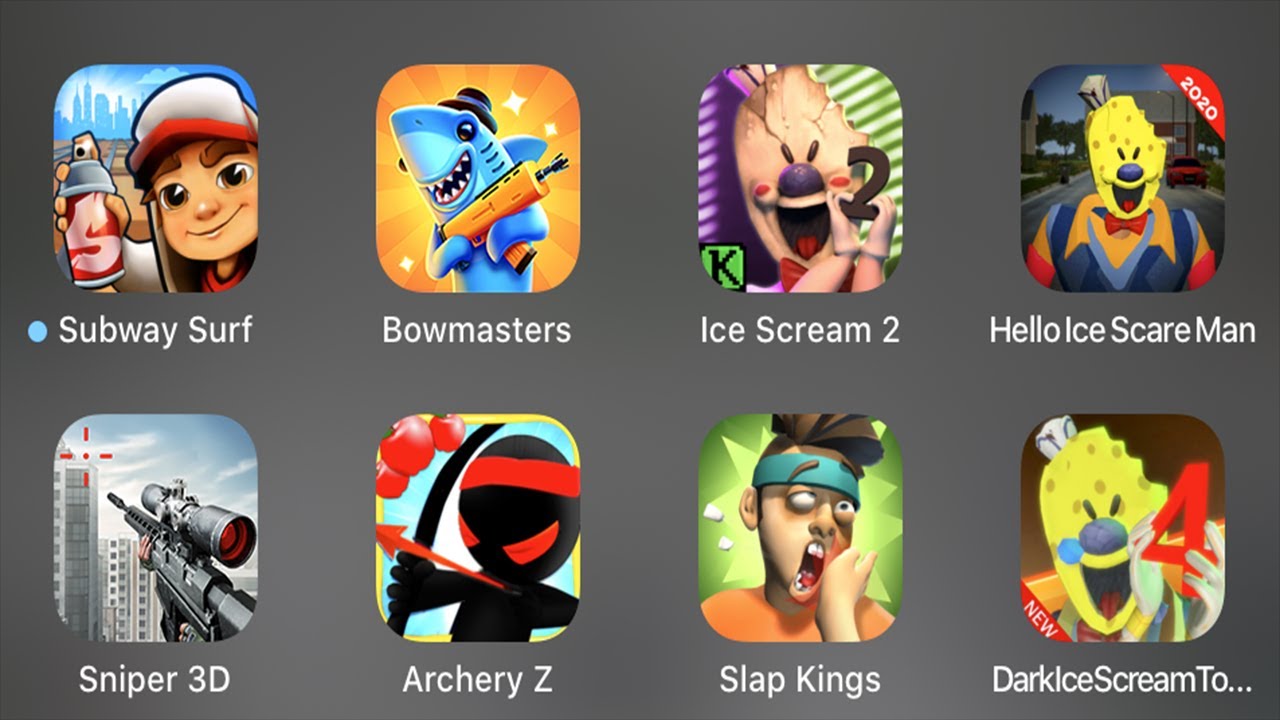 Subway Surf, Bowmasters, Ice Scream 2, Hello Ice Scream Man, Sniper 3D, Archery Z, Slap Kings ...