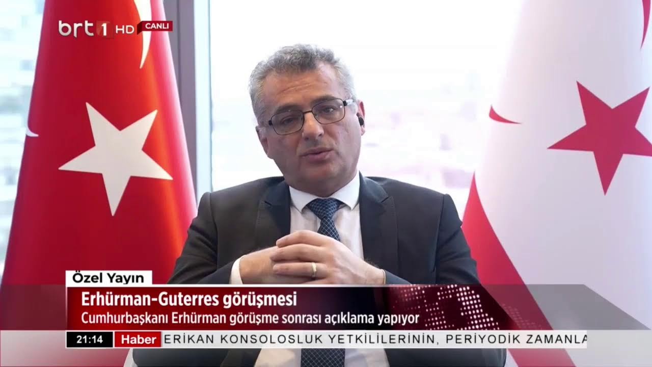 Cumhurbaşkanı Erhürman, BM Genel Sekreteri Guterres ile görüşmesi sonrasında açıklama yapıyor.
