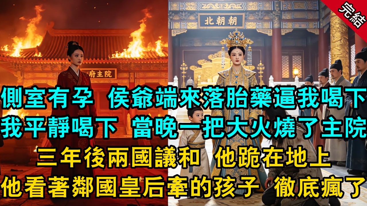側室有孕，侯爺親手端來落胎藥：「她身子弱受不得刺激，你的孩子留不得。」我平靜喝下沒掉一滴眼淚。當晚我一把火燒了主院，留下一具焦屍。三年後，他看著鄰國皇后牽著的孩子，徹底瘋了。#古言 #小說  #原創