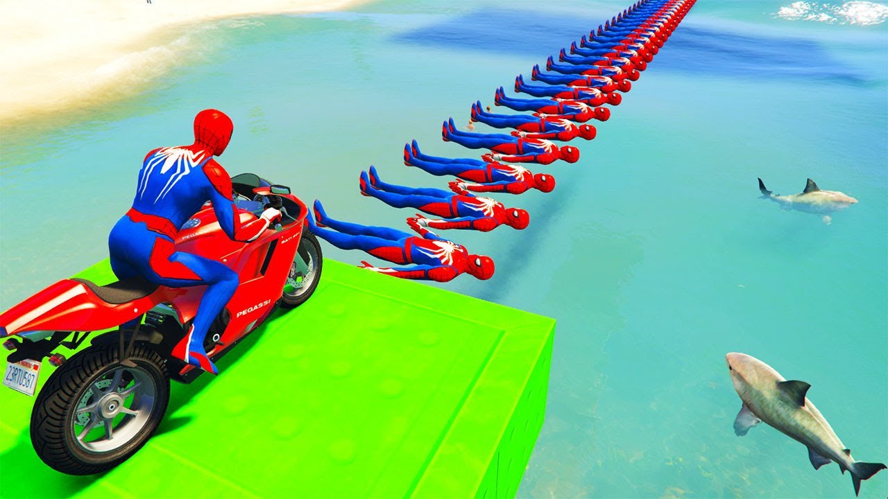          Superheroes on a motorcycle ride on the bridge of spiderman