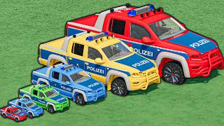 Small to Giant Police Car ! Mega Colored Ramp & Giant Trucks Transporting