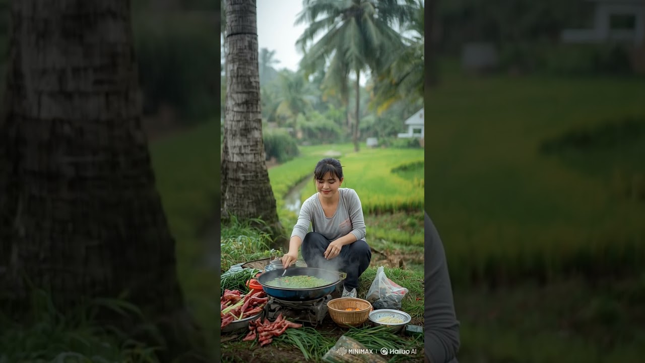 A Cambodian Women  Cooking Outside . 