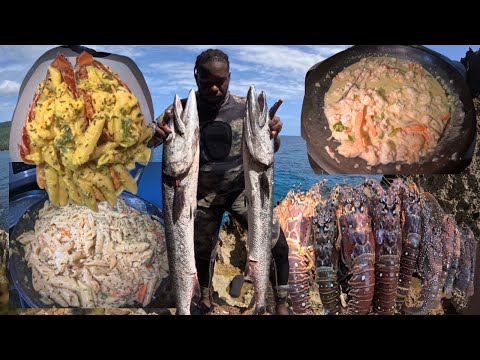 Lobster Pasta JAMAICAN 🇯🇲 Style In Coconut Milk Immediately After Spearfishing CATCH & COOK
