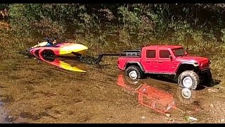 Rc jet boat LAUNCH AND RECOVERY scx 10 axial jeep adventure.