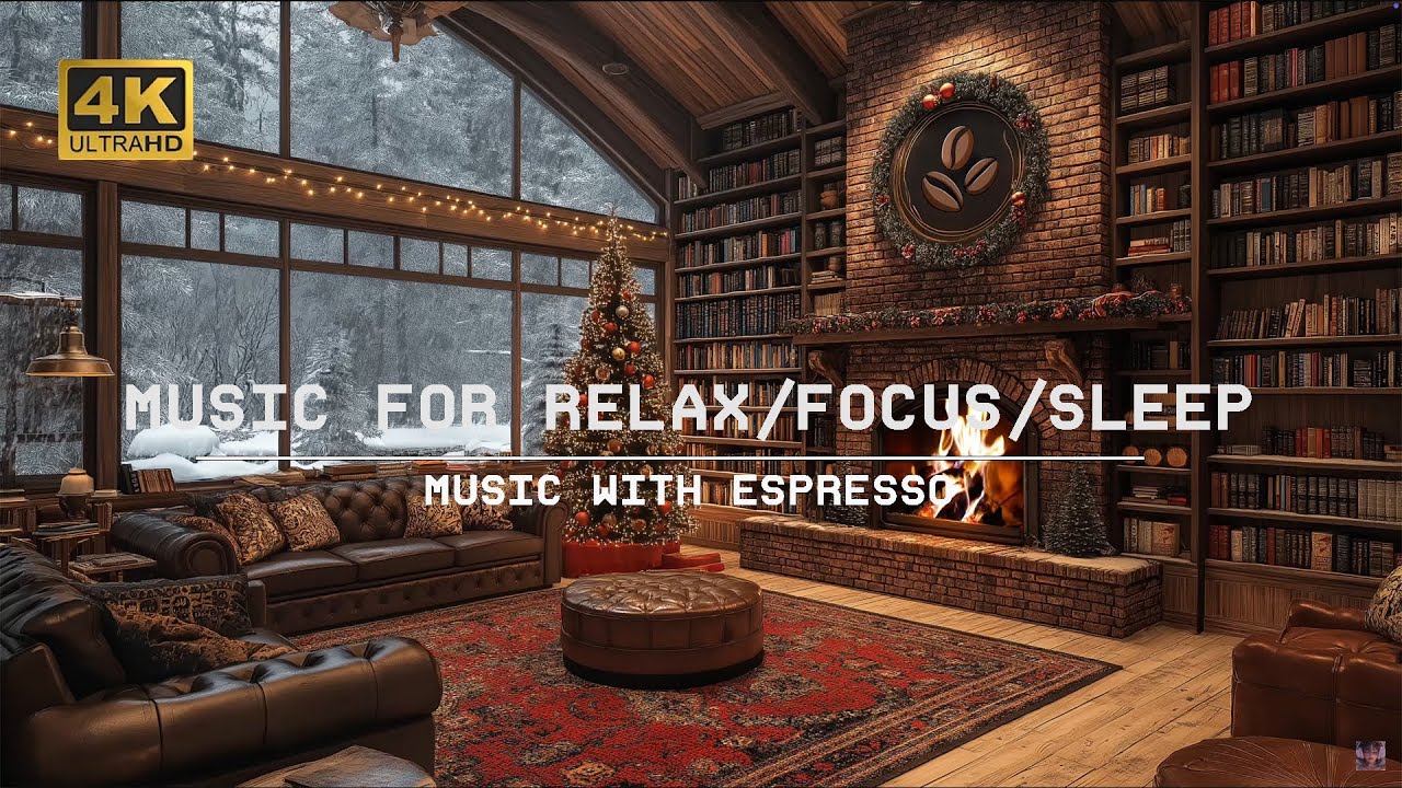 Christmas Cozy fireplace 4k snowy winter with relaxing piano music for ...
