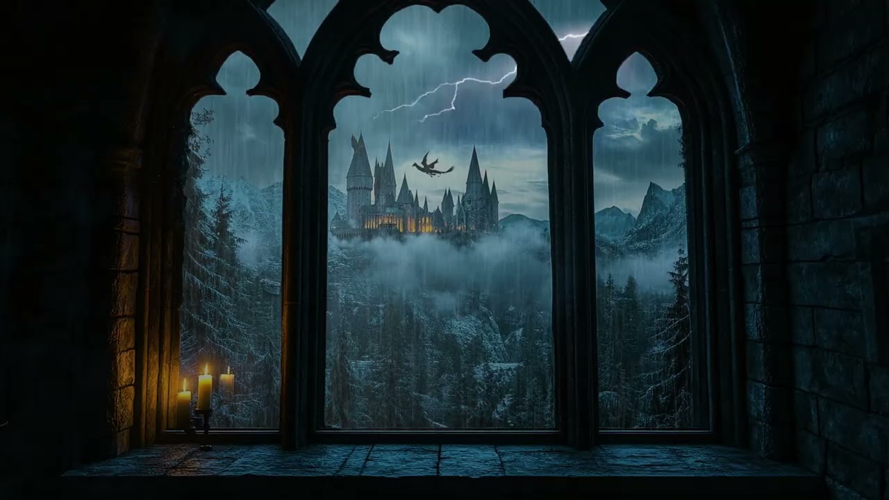 Magical Rainy Castle Window View, Relaxing Night Ambience Sounds for Stress Relief & Sleep
