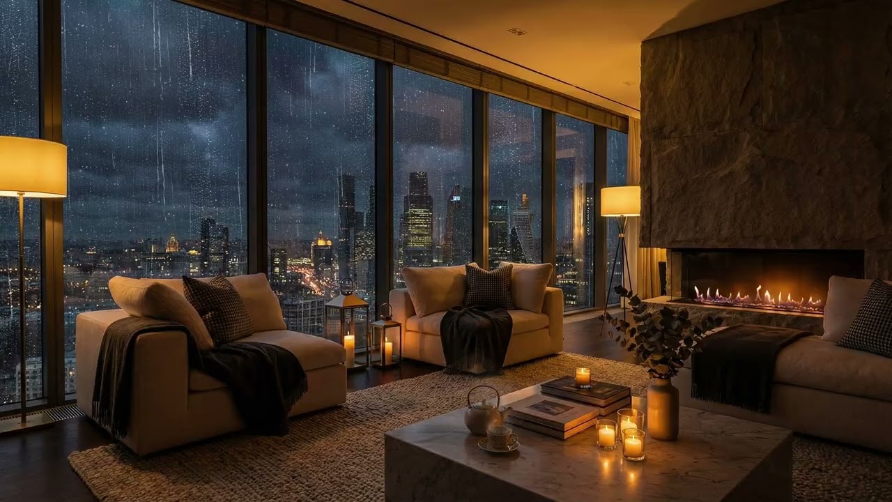 Rainstorm Over City Skyline & Modern Fireplace | Luxury Penthouse Ambience for Deep Sleep