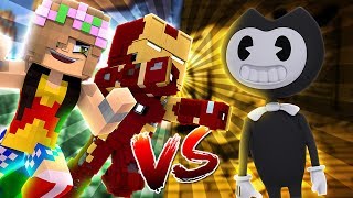 WONDERWOMAN & IRONMAN VS BENDY! Minecraft Hello Neighbour w/LittleKelly