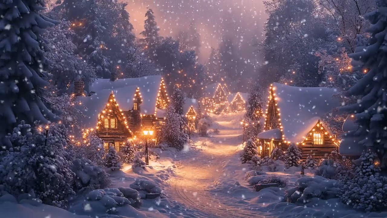 Serene Winter Wonderland: Snow Falls Softly Over the Village, Wrapping the Town in a Cozy Embrace
