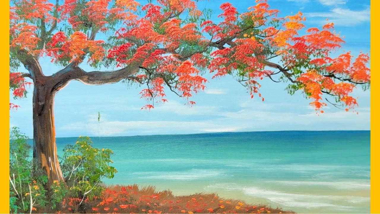 How to Paint a Red Flamboyant Tree by the Beach | Easy Acrylic Landscape Tutorial for Beginners
