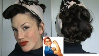 HOTD #14 Rosie The Riveter updo retro vintage 40s hairstyle scarf tutorial - Vintagious