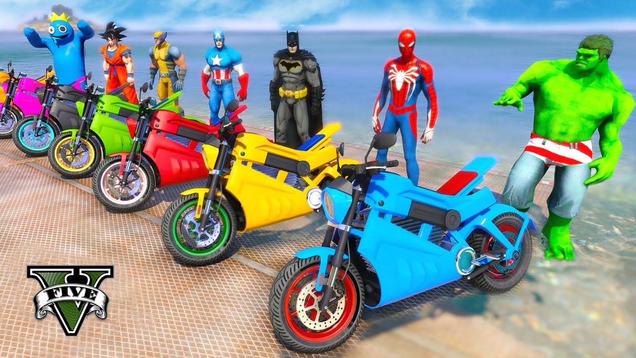 SPIDERMAN E.V Motorbikes RACING CHALLENGE on SEA RAMP With Superheroes EPIC JUMP Competition - GTA 5