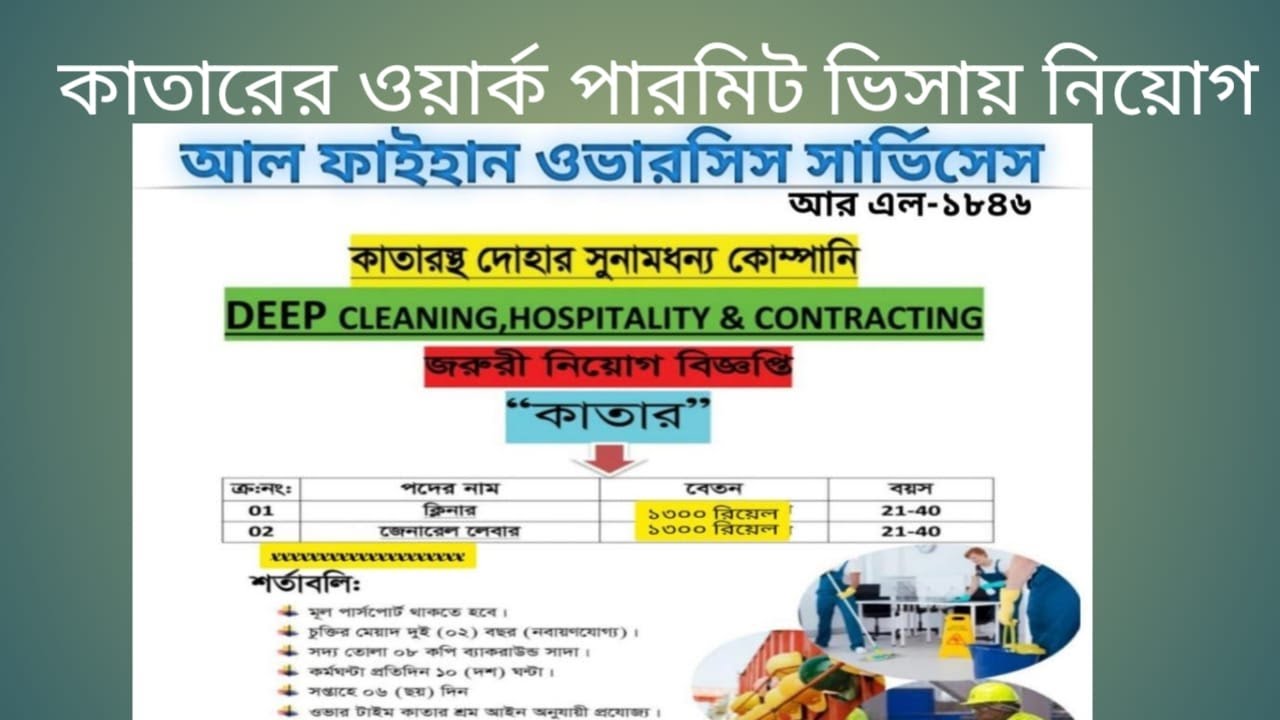 কাতারে ওয়ার্ক পারমিট ভিসায় ক্লিনার ও লেবার পদে নিয়োগ। QATAR WORK
