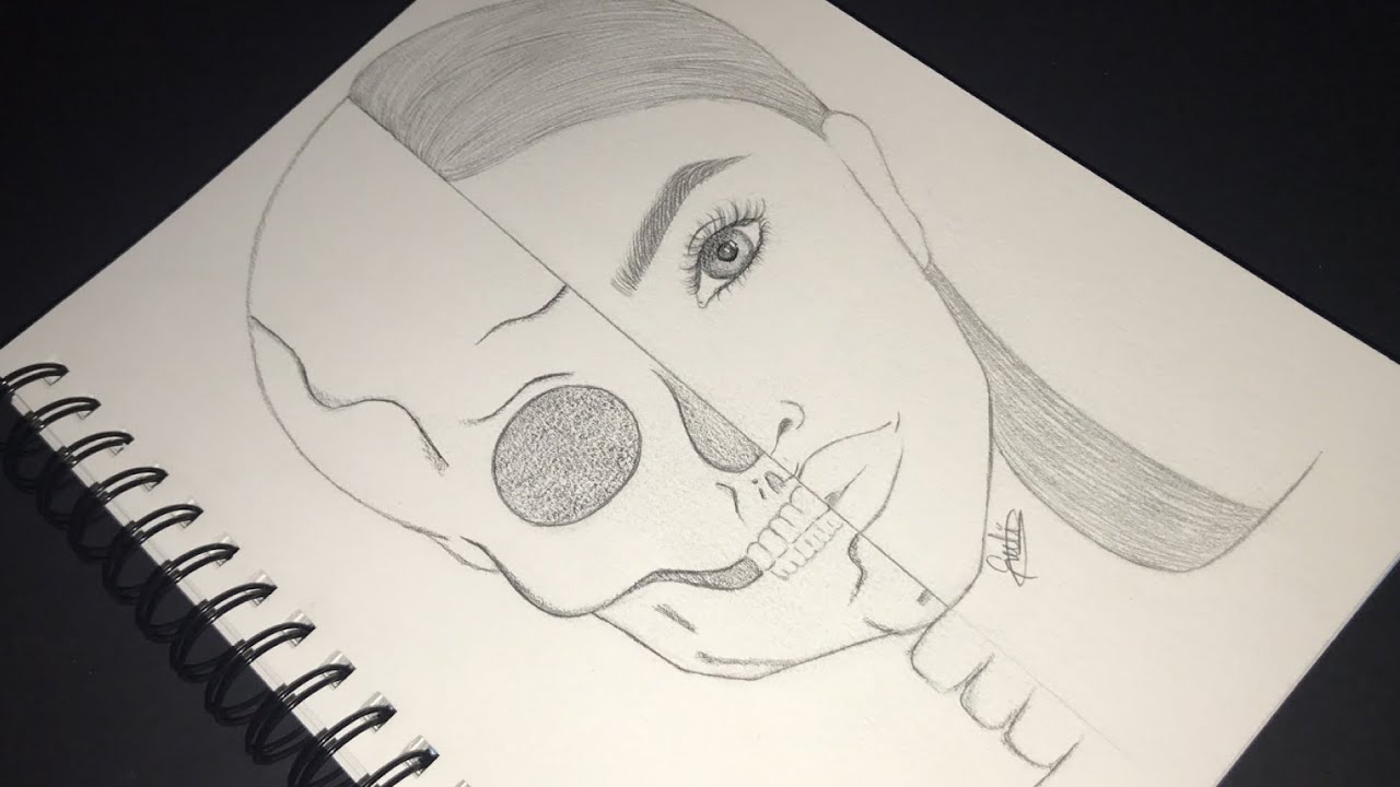 How To Draw Half Skeleton Face Youtube