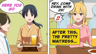 I was asked to join some girls drinking at an izakaya, and the pretty waitress… [Manga dub]
