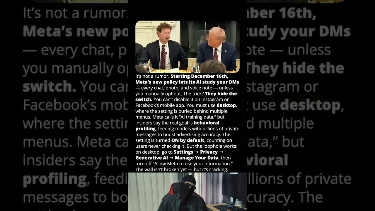 It’s not a rumor. Starting December 16th, Meta’s new policy lets its AI study your DMs