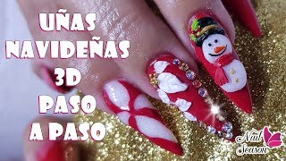 Uñas navideñas 2018 diseño caramelo flor y muñeco de nieve 3D paso a paso