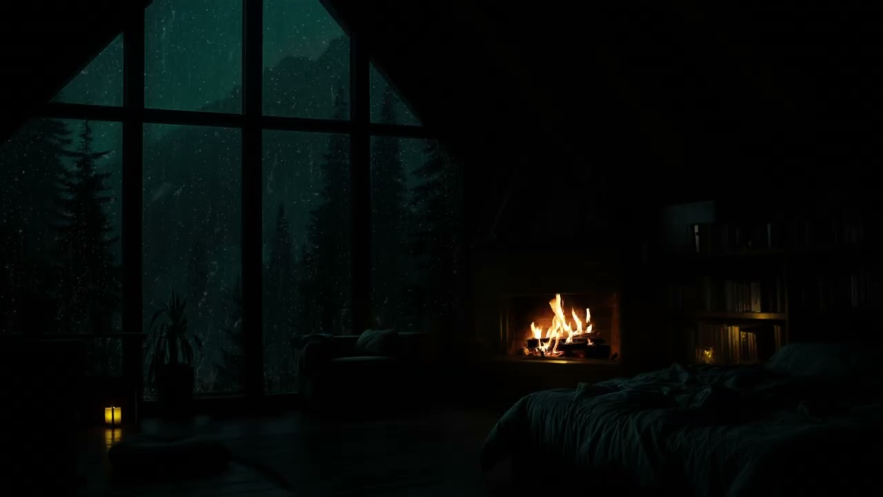 SLEEP QUICKLY TONIGHT 😴 (No Ads) 🌧️ Rainy Woods Outside Glass Cabin 🔥 Warm Fire for Anxiety Relief
