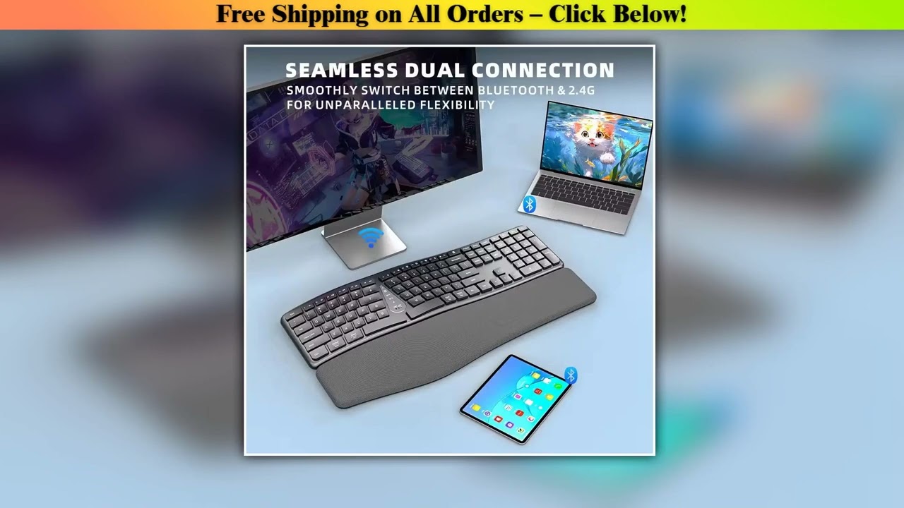 Ergonomic 2.4G Wireless Keyboard Comfortable Natural Typing,Palm Rest,Multi-Device Rechargeable