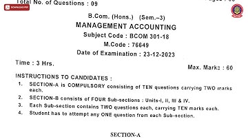 BCOM 3RD SEM MANAGEMENT ACCOUNTING DEC 2023 | PTU