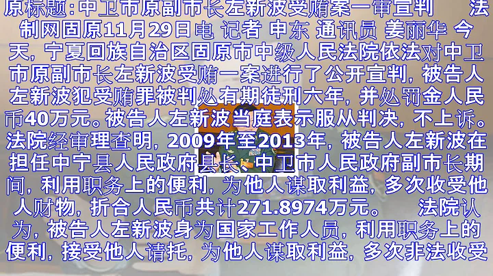 宁夏中卫原副市长左新波受贿被判6年 罚款40万 - 天天要闻