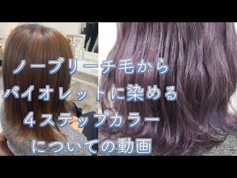 ノーブリーチの状態からバイオレットに染める４ステップのヘアカラーについてのヘアカラー工程動画。ブリーチ２回して、アルカリカラーでベースを作って、カラーバターで仕上げる４プロセスのヘアカラー。