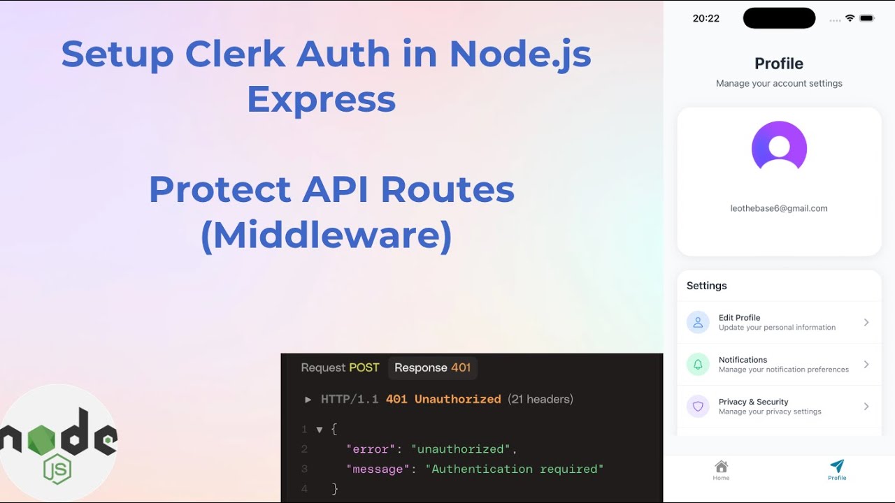 Setup Clerk Auth in Node.js Express | Protect API Routes (authMiddleware)