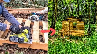 Rustic cabin built entirely from pallet wood (complete build)