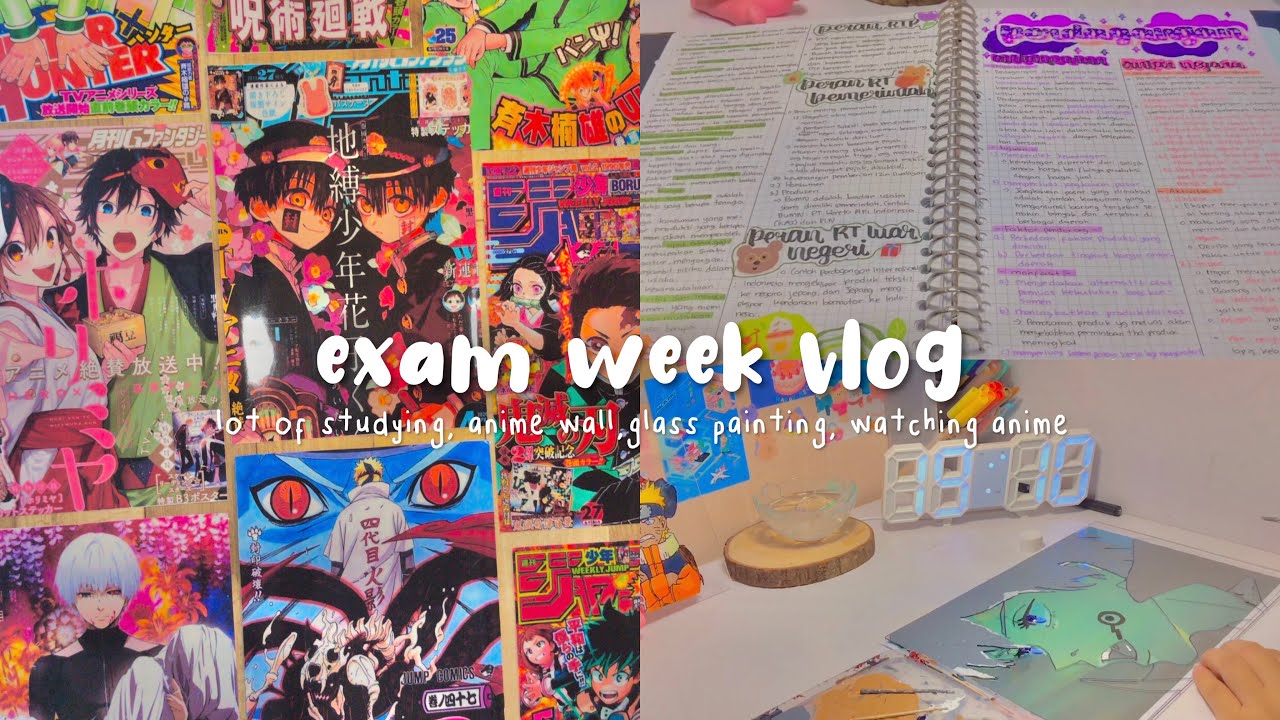 exam week vlog | note taking, watching anime, anime wall, anime glass painting