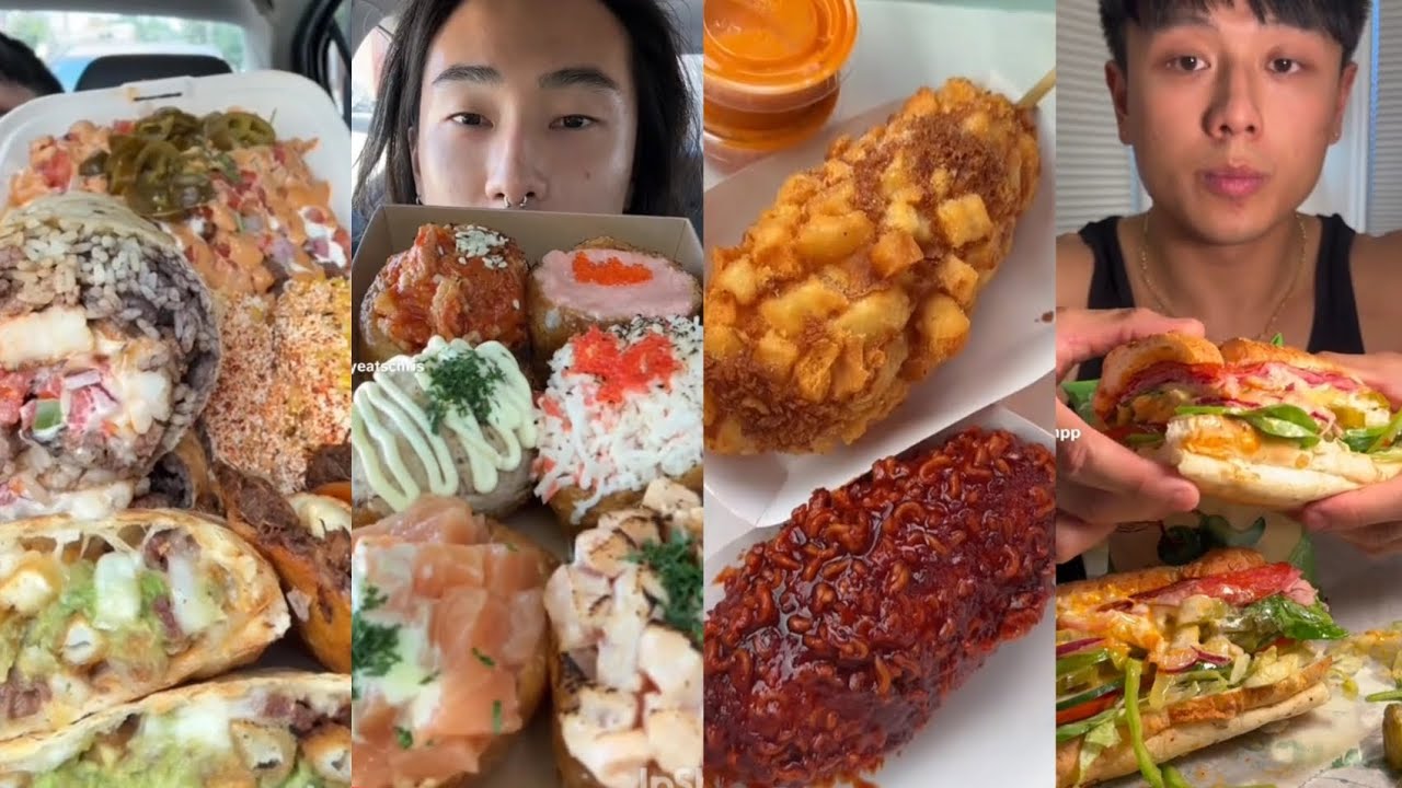 TIKTOK MUKBANG COMPILATION TACOS CHIPOTLE CORN DOG SUBWAY SANDWICH SUSHI BURRITO BURGERS 