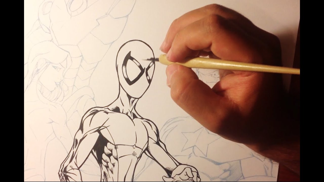 Inking Spiderman with brush, and crow quill pen - How to Ink Comic book 1/3 - YouTube