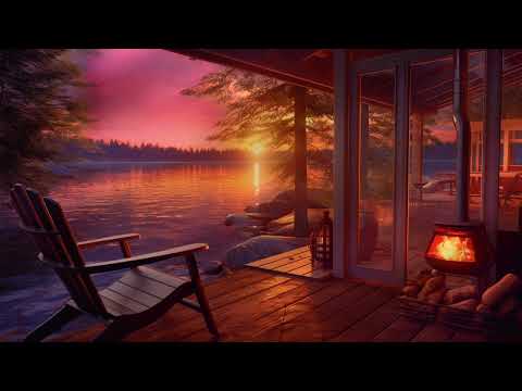 SUNSET BY THE LAKE - Relaxing Ambience with Crackling Fire, Lapping Water and Night Insects