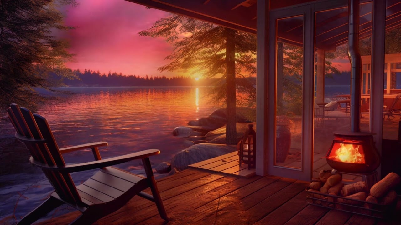 SUNSET BY THE LAKE - Relaxing Ambience with Crackling Fire, Lapping Water and Night Insects