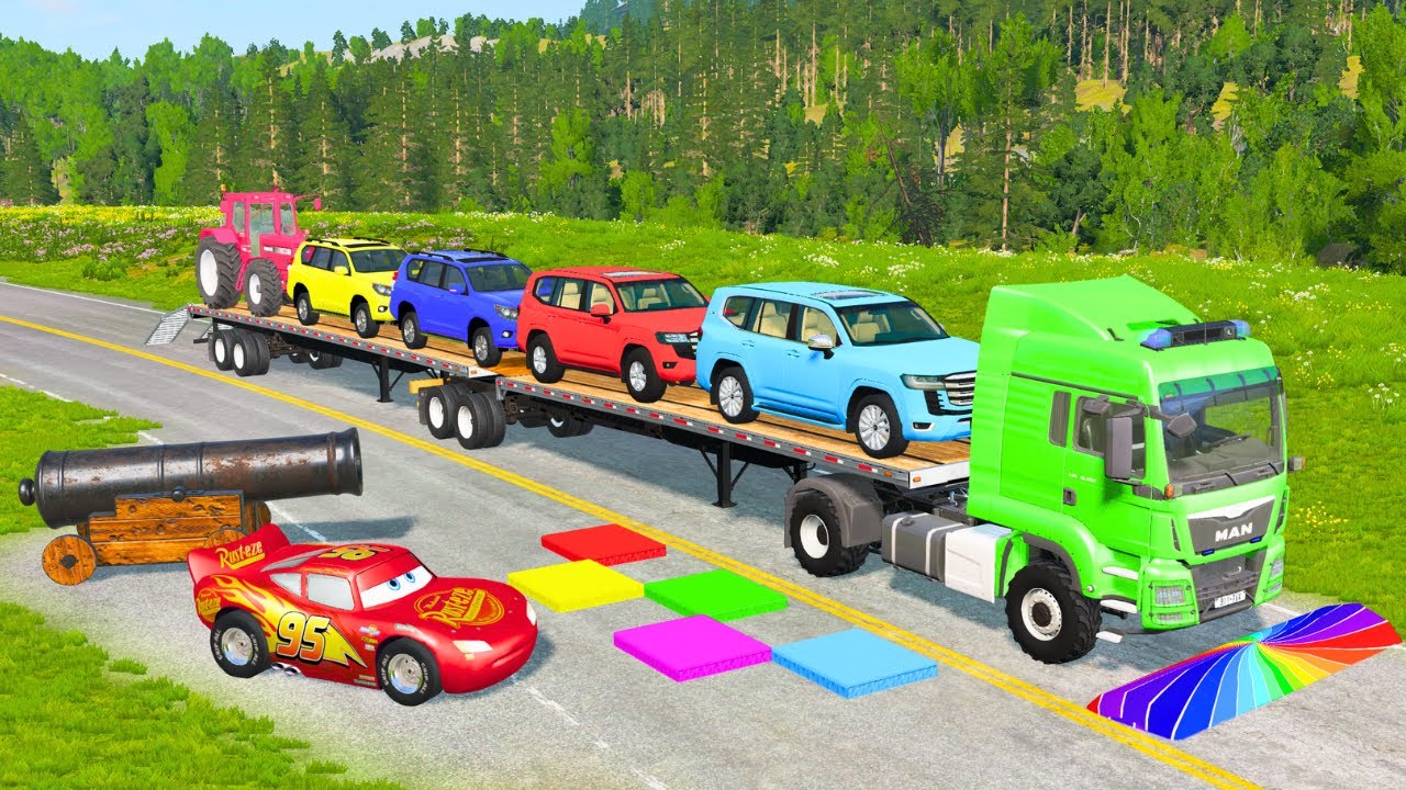 Flatbed Truck Mcqueen | Transportation with Truck - Pothole vs Car 