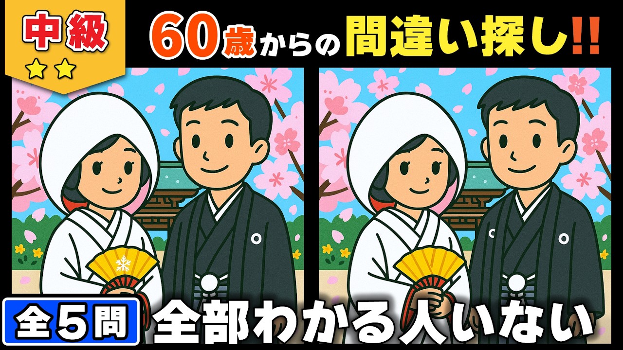 【脳トレ】間違い探し★中級編★全5問｜この難しさ、最後まで耐えられる？ #183