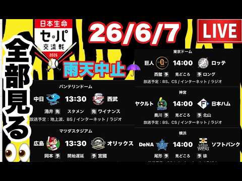 セパ交流戦2026【ヤクルト-日本ハム】雨天中止☔阪神-楽天 2026/6/7