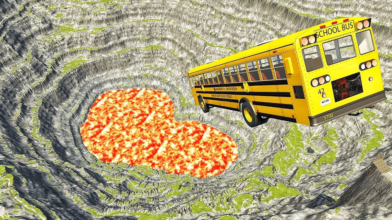 School BusFire Truck and Cars vs Giant Lava Pit – BeamNG.drive  