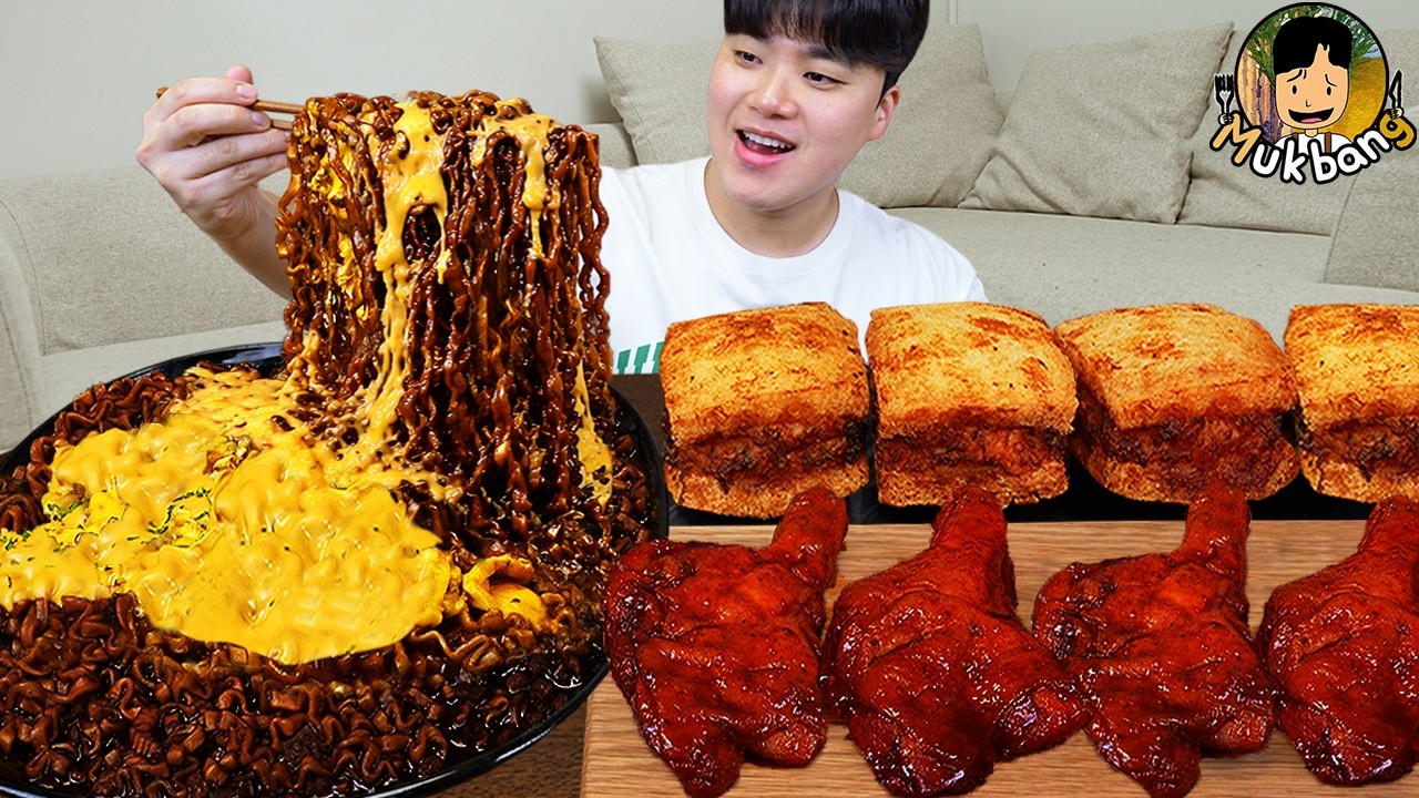 ASMR MUKBANG 자메이카 통다리 양념 치킨먹방! 짜파게티 멘보샤 & 레시피 FRIED CHICKEN BLACK BEAN NOODLES EATING SOUND!