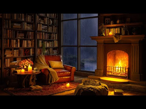 Cozy Reading Nook Ambience with Smooth Jazz Music - Rain on Window & Warm Fireplace Sounds for Sleep