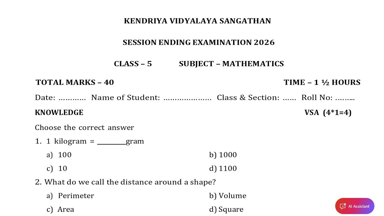 Class-5 Maths (Set-5) Annual Exam 2026 Question Paper Session Ending PM SHRI KV Term2