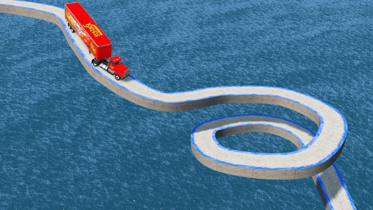 Mack Truck Vs King Dinoco Truck Vs Impossible Wave Bridge Deep Water Crossover - BeamNG.Drive