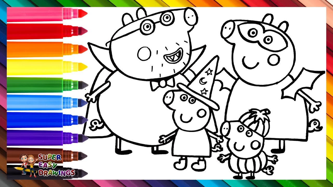 Draw and Color Peppa Pig and Her Family During Halloween 🐷🎃👻🦇🕸️🧙‍♀️ Drawings for Kids
