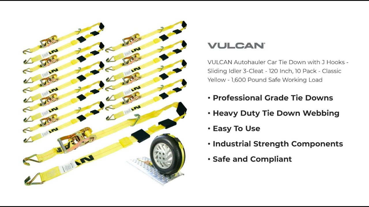 VULCAN Autohauler Car Tie Down with J Hooks - Sliding Idler 3-Cleat - 120 Inch, 4 Pack - Classic Yellow - 1,600 Pound Safe Working Load