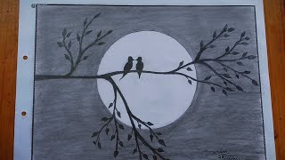 How to Draw Moonlight Scenery With Pencil sketch step to step_Pencil Sketching  for Bird #DRAWING