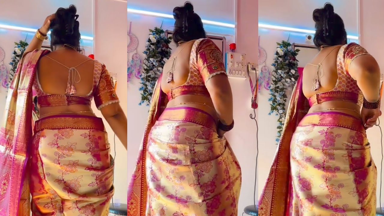 Back Pose in Cream & Pink Banarasi Saree with Designer Backless Blouse | Traditional Elegant Look 