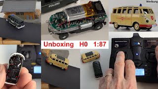 Unboxing Carson H0 1:87 RC combo set with VW Bus T1 Samba Police + Maltesee + 2.4 GHz remote control