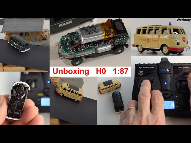 Unboxing Carson H0 1:87 RC combo set VW Bus T1 Samba Police